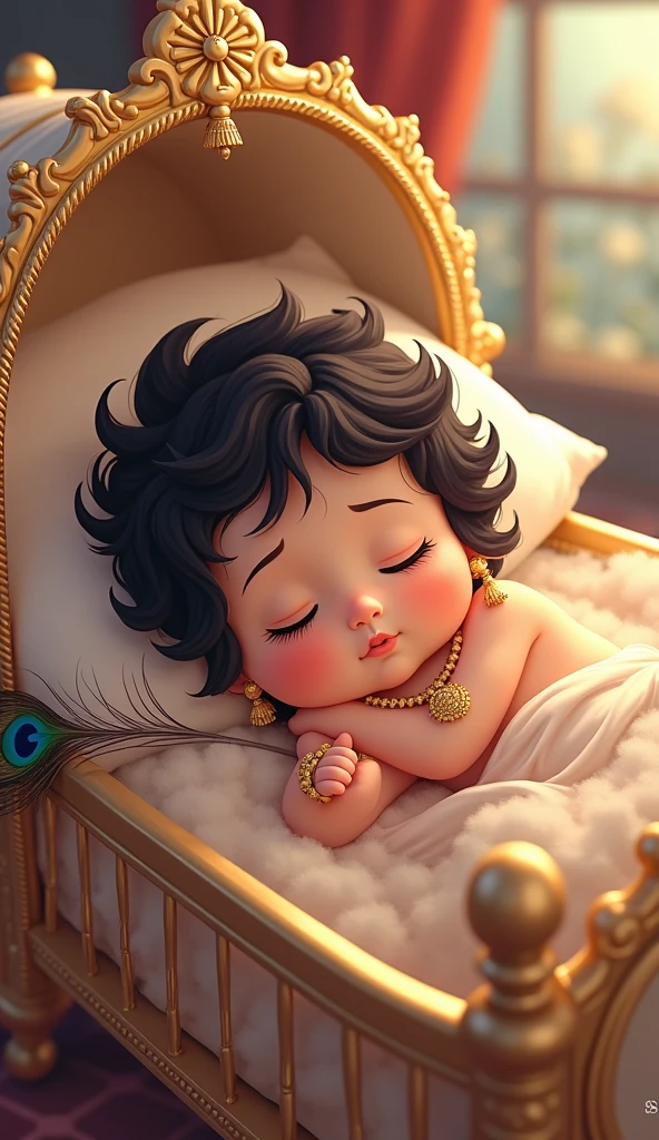  Krishna Sleeping (Anime Style):
"Anime-style babyd Krishna sleeping in a decorated cradle with a peacock feather."