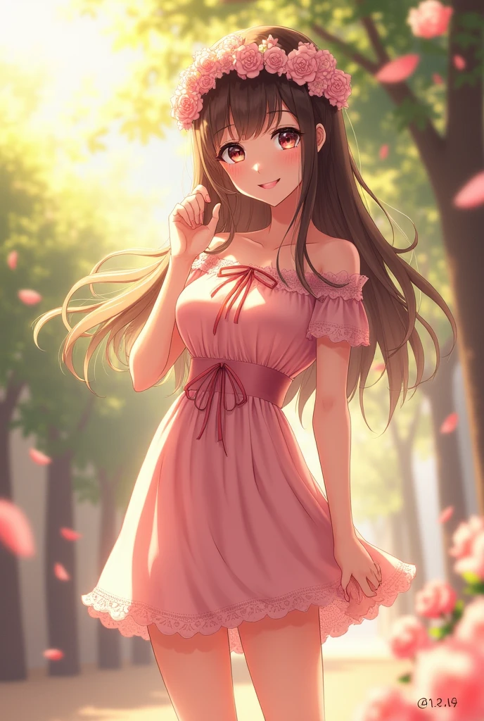 Ultra high quality,High heel,Long legs,Smile,Sunlight,Lace off-the-shoulder,Short pink dress,Wear flowers on your head,student,charming,Ribbon,whole body