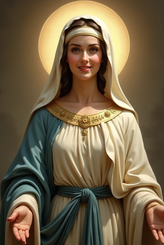 A Virgin Mary with her tunic and veil with a white band on her forehead., very smiling, with her beautiful look, black eyes, his arms outstretched , His black hair is visible a little 