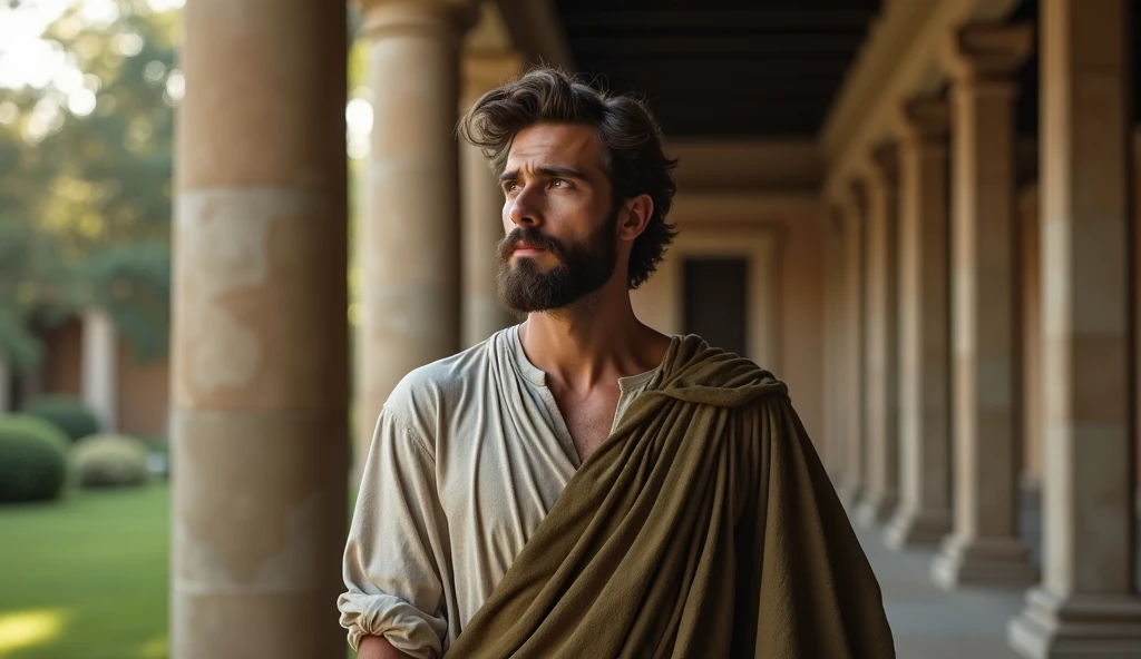 In a tranquil Roman library or serene garden, a male stoic philosopher with a well-proportioned and attractive physique is depicted in a contemplative pose. He wears classic Stoic tunics in muted earthy tones—grey, brown, and olive green—which drape gently over his body, subtly revealing his shoulder. He is also wearing leather sandals. His very short, well-groomed beard and wavy, well-styled hair add to his sophisticated appearance. The camera captures a medium to close-up shot, focusing on his refined and thoughtful expression. The background features a lush garden or ancient texts, with well-preserved Doric columns adding historical depth. Soft, ambient light highlights his serene demeanor and the elegance of his attire, symbolizing his journey towards wisdom and self-reconstruction.