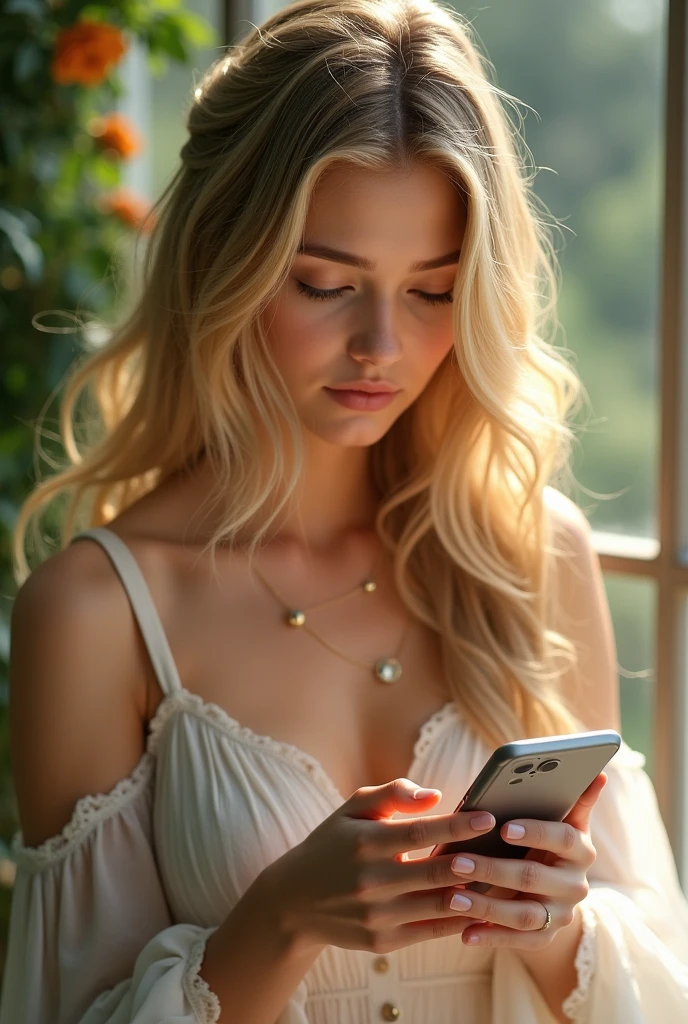 belle fille blonde avec son telephone