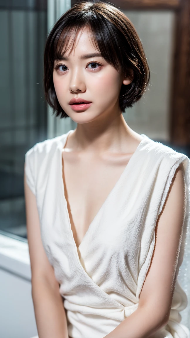 (1 person, , Full body portrait, Short Hair, Small breasts, A white bath towel is wrapped around the body.), Fair-skinned, shiny thin lips, skinny, Body Type, Delicate and sexy collarbone, Highest quality, RAW Photos, Realistic, face, Incredibly beautiful, cute, Depth of the written border, High resolution, 超detailed, detailed, Very detailed, extremely detailed eye and face, Sharp pupils, Sharp focus, Cinema Lighting