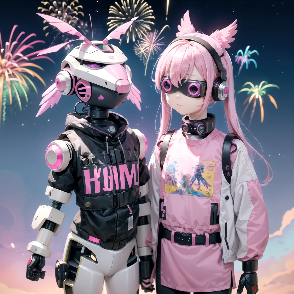 Pink haired elementary school student、vr goggles、Aurora、Humanoid Robot、Summer vacation、homework、hot summer、Drone in the sky、firework、future、2050、Afutureの世界、cyber-、Robot Dog、robot bird、Robot Cicada