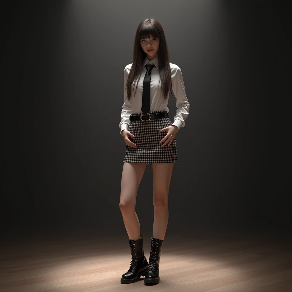 (8K、RAW Photos、Highest quality、masterpiece:1.2)、(Realistic、Realistic)、1 Girl、((Check mini micro skirt、tie、Medium Hair、black、длинные Thin legs、whole body、boots、blackいコート、one piece、Stage with spot light、View from the front、Looking into the camera、belt、Stand with hands on hips))、