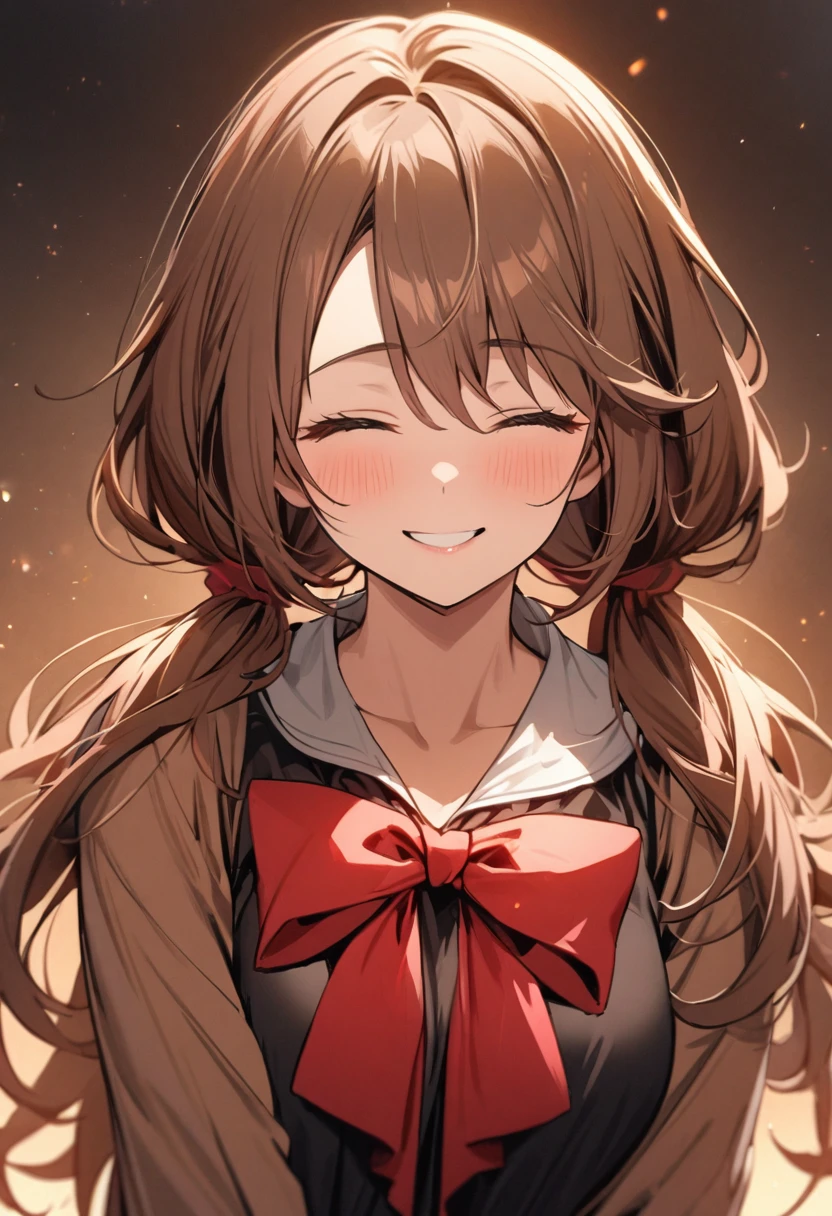 Solo, 1girl, Long Hair, brown hair, mature, red bow, high detail, beautiful eyes, beautiful color, adult, low twin tails, closing eyes, smilling