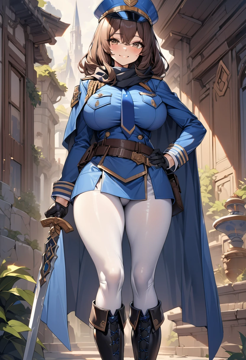 An adventurer guild officer girl, sexy body, big breasts, big hips, ((blue officer outfit, black scarf, blue necktie, blue officer cap, short cape, white leggings, black leather gloves, leather high heels boots, leather belts and pockets, sword on hips)), (dark brown long wavy hairstyle: 1), brown eyes, smiling, (cute expression: 1), beautiful face, detailed face, very detailed, beautiful eyes, high quality, detailed background, high resolution, 8k resolution, ultra high detail, beautiful skin, perfect body, perfect anatomy