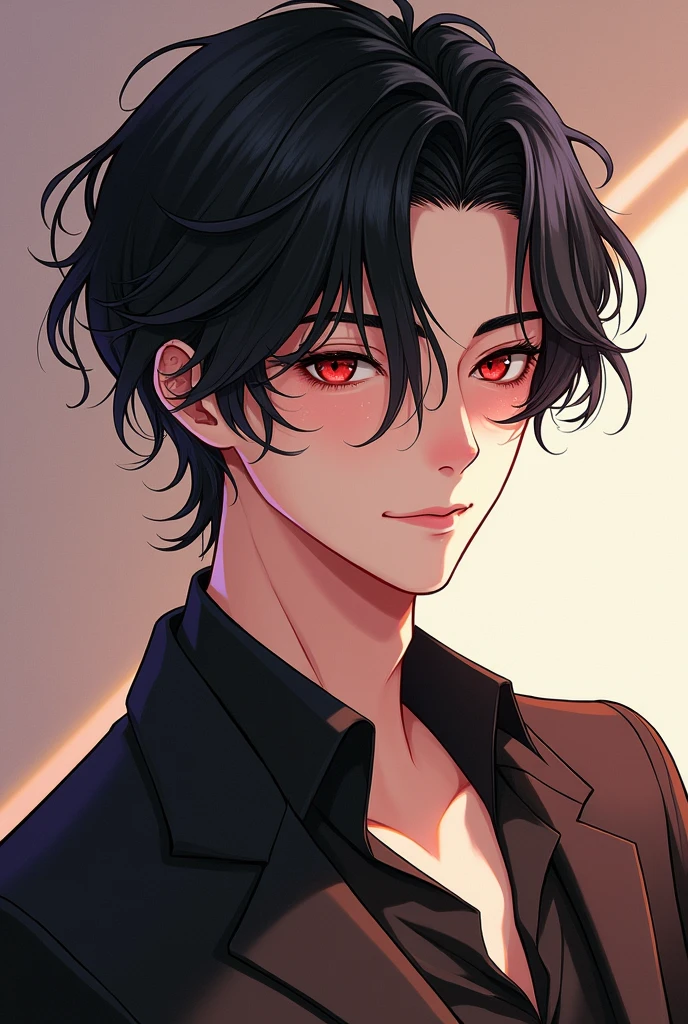 show me handsome manhwa boy.black hair with red eyes. full body.with shy and cute smile. 25year boy.with manly charm