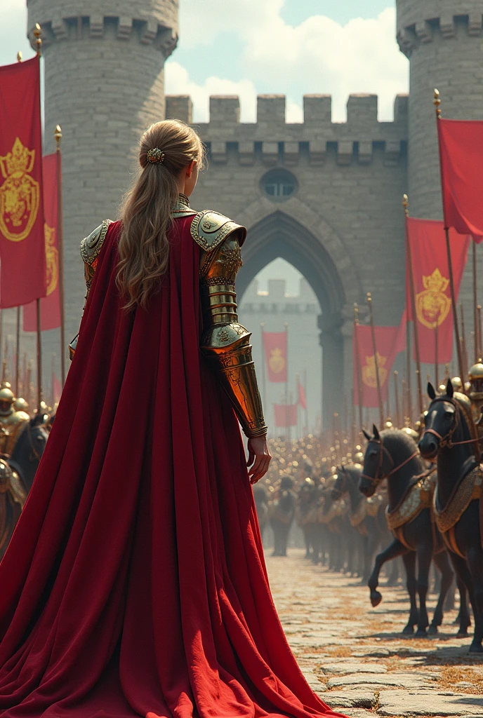 "Before the imposing stone walls of her ancient castle, a regal queen stands tall, resplendent in golden armor and a crimson cloak, as her vast army assembles beneath her gaze, a sea of armored knights, archers, and swordsmen stretching across the courtyard, their banners fluttering in the wind, while majestic warhorses paw the ground, eager for battle, and the castle's towers rise above, banners emblazoned with the queen's emblem, a symbol of her unyielding power."