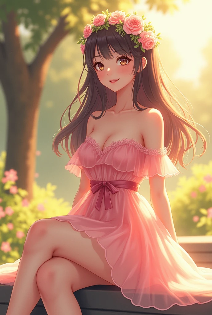 Ultra high quality，High heel，Long legs，Smile，Sunlight，Lace off-the-shoulder，Short pink dress，Wear flowers on your head，student，charming，Ribbon，whole body