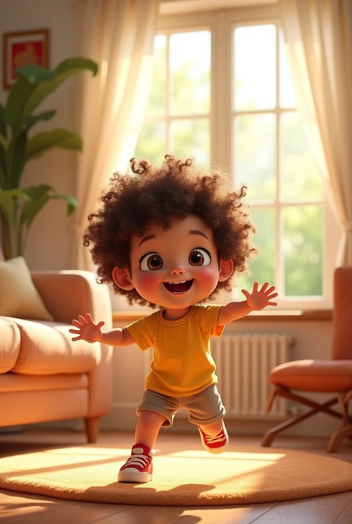 Create an image of a 4 year old with curly hair at home