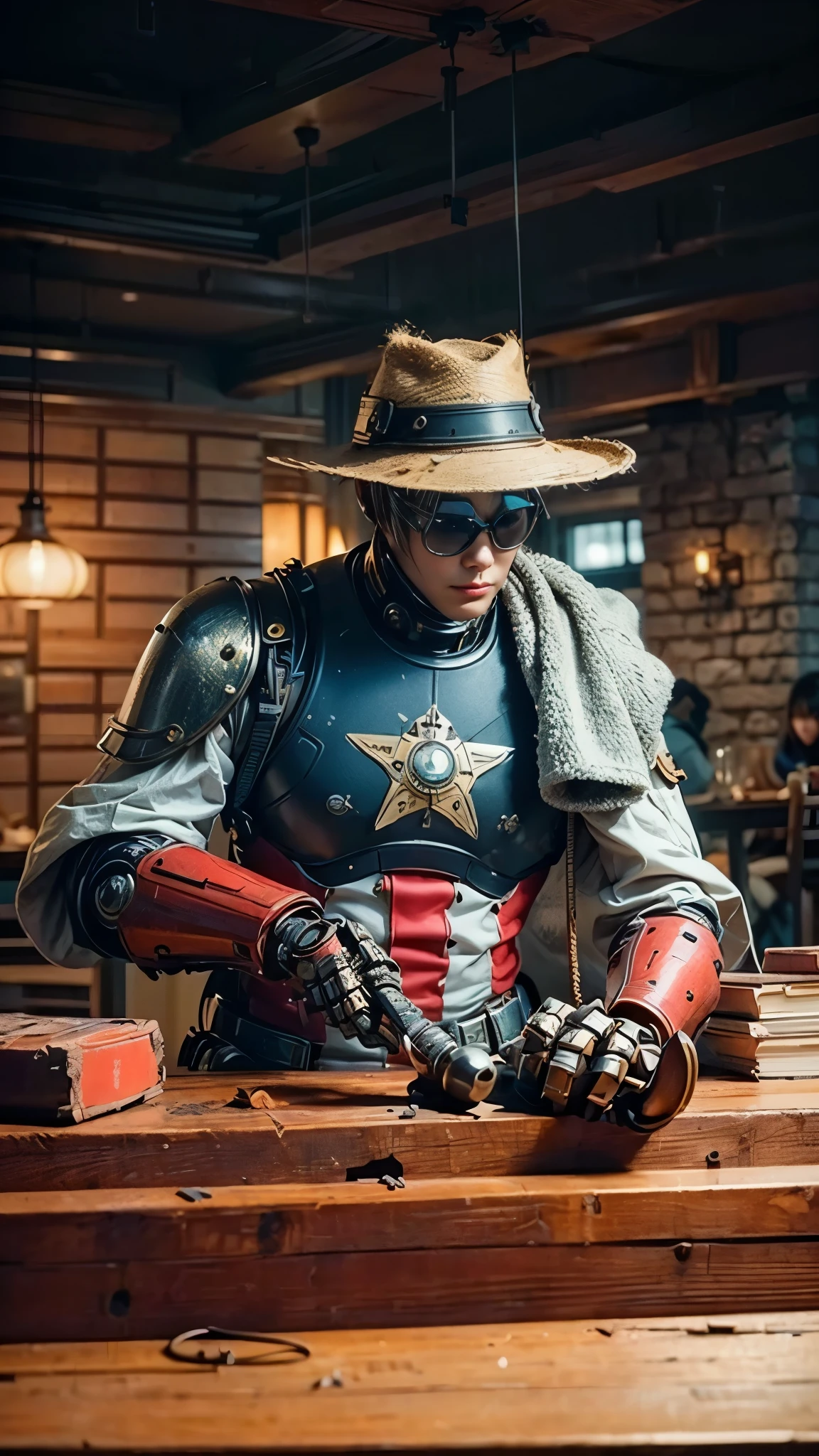 (top-quality:1.2, masterpiece), ultra high resolution, (Photorealsitic:1.4),, (bird-type mechanical heavy armor), (mechanical armor:1.3), light red base with silver and bronze accent, 1 Japanese female soldier, extremely realistic face, (blue hair), ((ultimately intricate all details)), (whole body picture), realistic shadow, octan render, 8K, ultrasharp, character edge light, Details of complex ornaments, Hydraulic cylinder, power cable, dystopia with a beautiful view at night,smiling