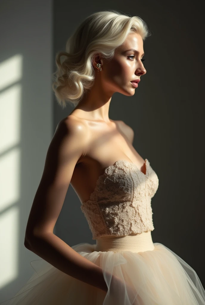 A side profile shot of a young woman with platinum blonde, wavy hair elegantly styled over one shoulder. She is wearing a strapless, nude-colored top with a lace texture, and her voluminous light-colored skirt is slightly visible. The scene is captured in a high-fashion style, with strong contrast lighting that accentuates her cheekbones and jawline. The background is a minimalistic studio setting, with a gradient from light to dark, enhancing the dramatic effect of the lighting.