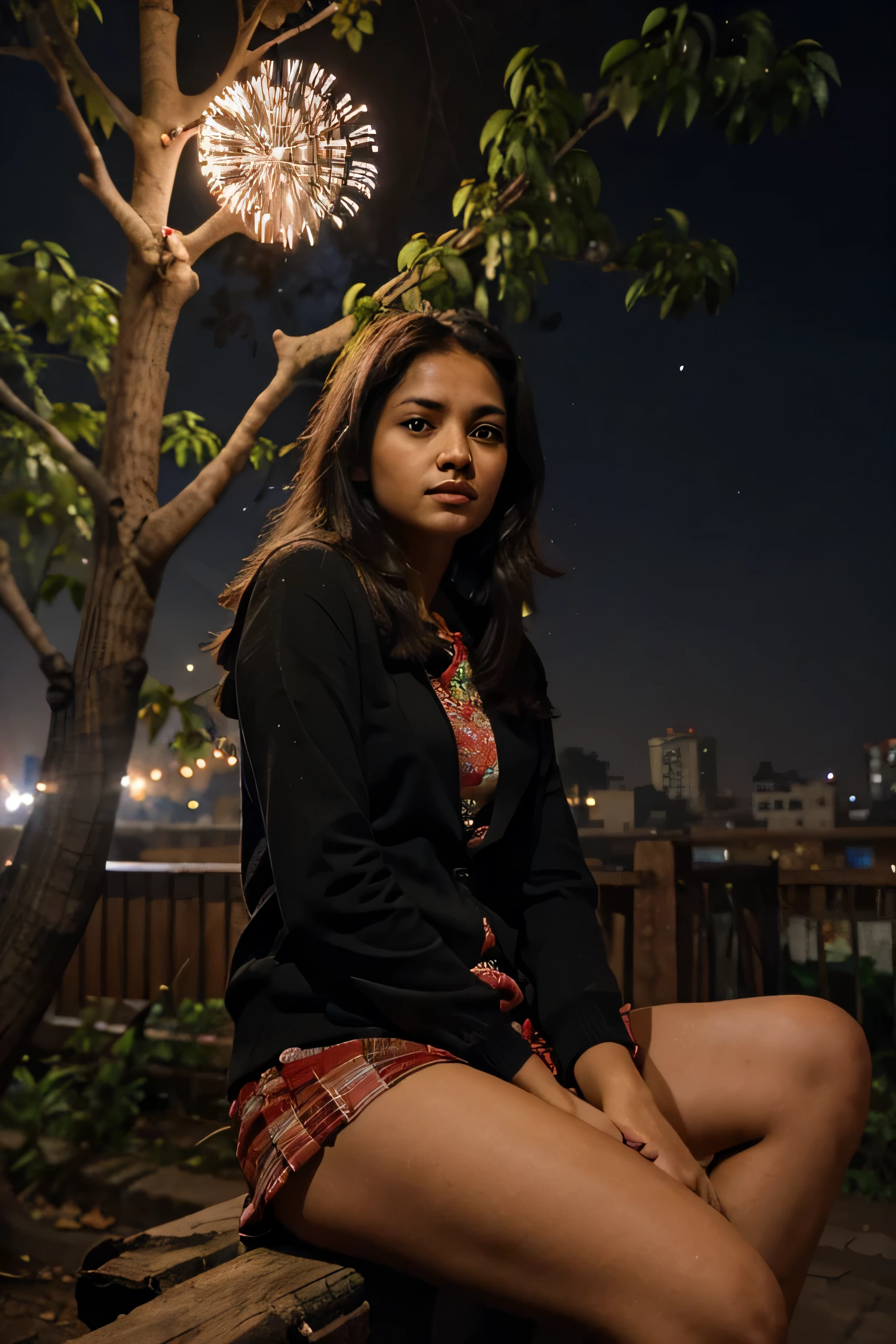 Girl sitting in branch of tree watching fireworks in tihar in night