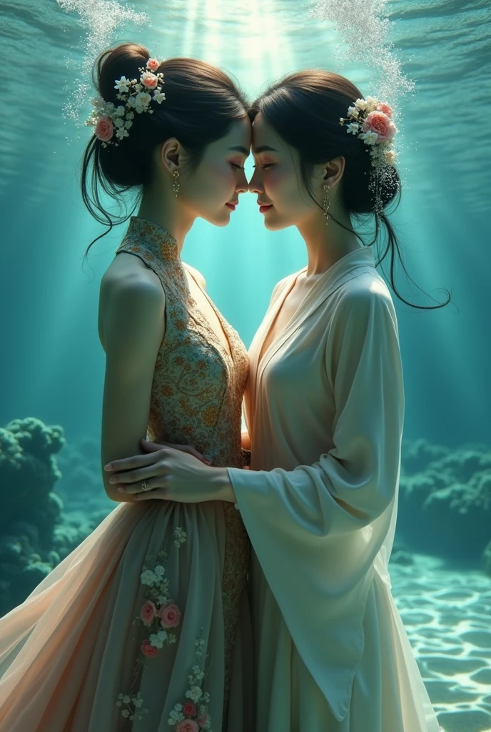 Pure Vietnamese Yuri 16+
The Third Lady and a Young Girl The setting is under the sea Adding to the illusion Wearing traditional Vietnamese costumes Two women next to each other 
