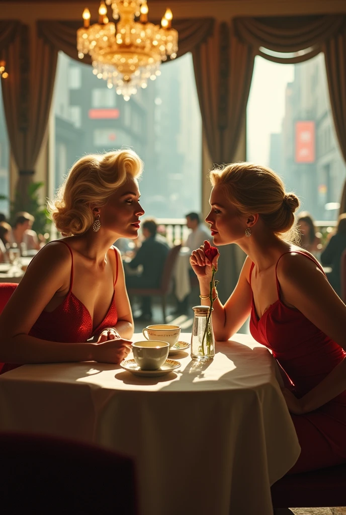Marilyn Monroe and Scarlett Johansson having coffee in a restaurant