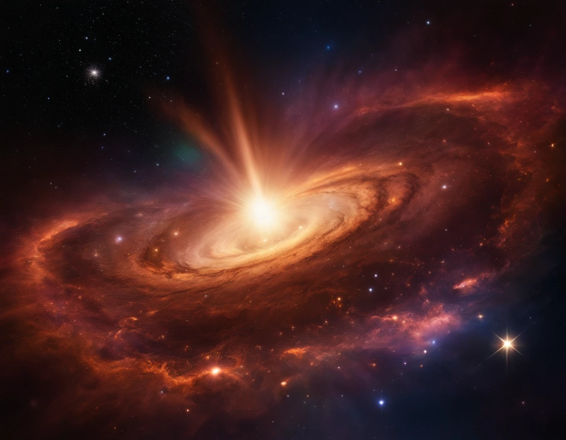 And God let there be light. Graphic image of the first words of the book Genesis, massive explosion of the big bang, colors and stars, Creation of a new galaxy