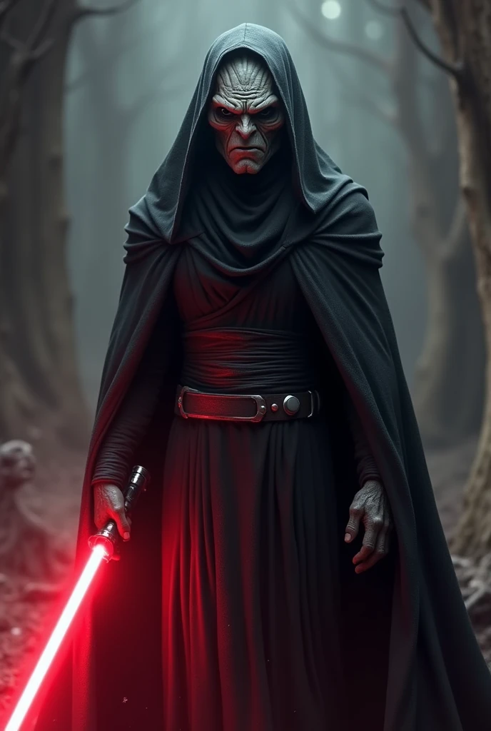 A Sith from Star Wars, grey scarred skin, Alien with big eyes, black cape, dark atmosphere, scary, terrifying, red lightsaber, ultra-realistic