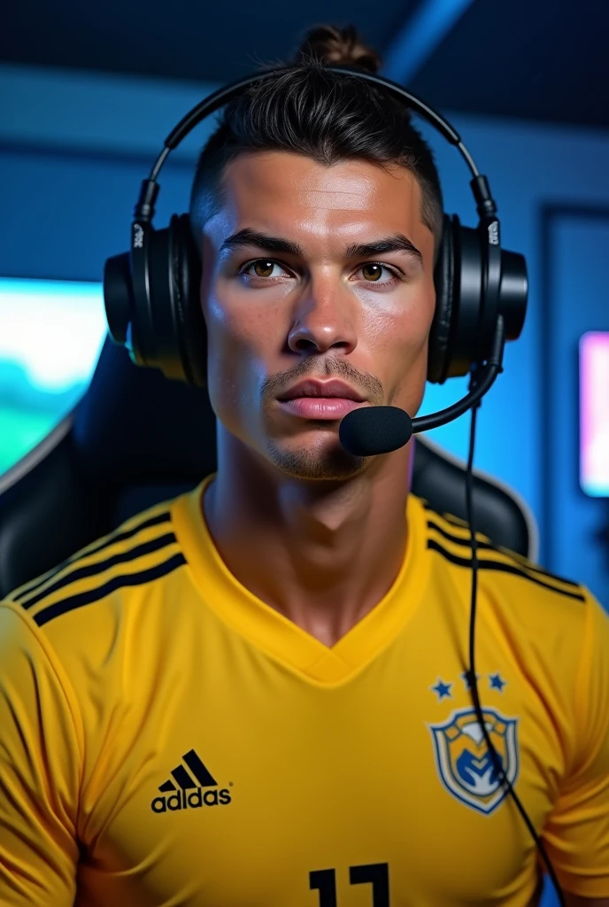 Cristiano ronaldo as a streamer wearing al nasar jersey with headphones with no green background