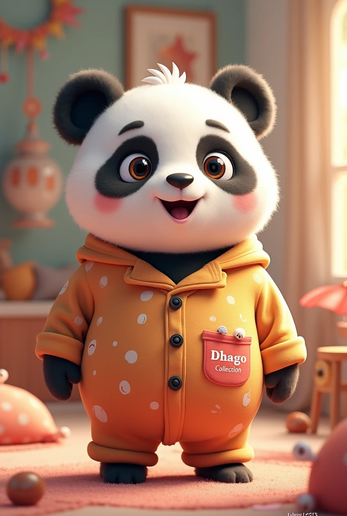 A mascot panda wearing a cute pjs set and in PJs set writen dhago collection in pocket side also some colorful cartoonist 