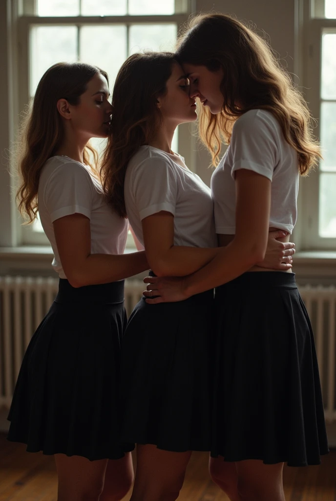 A group of girls in long black skirts having sex with a boy