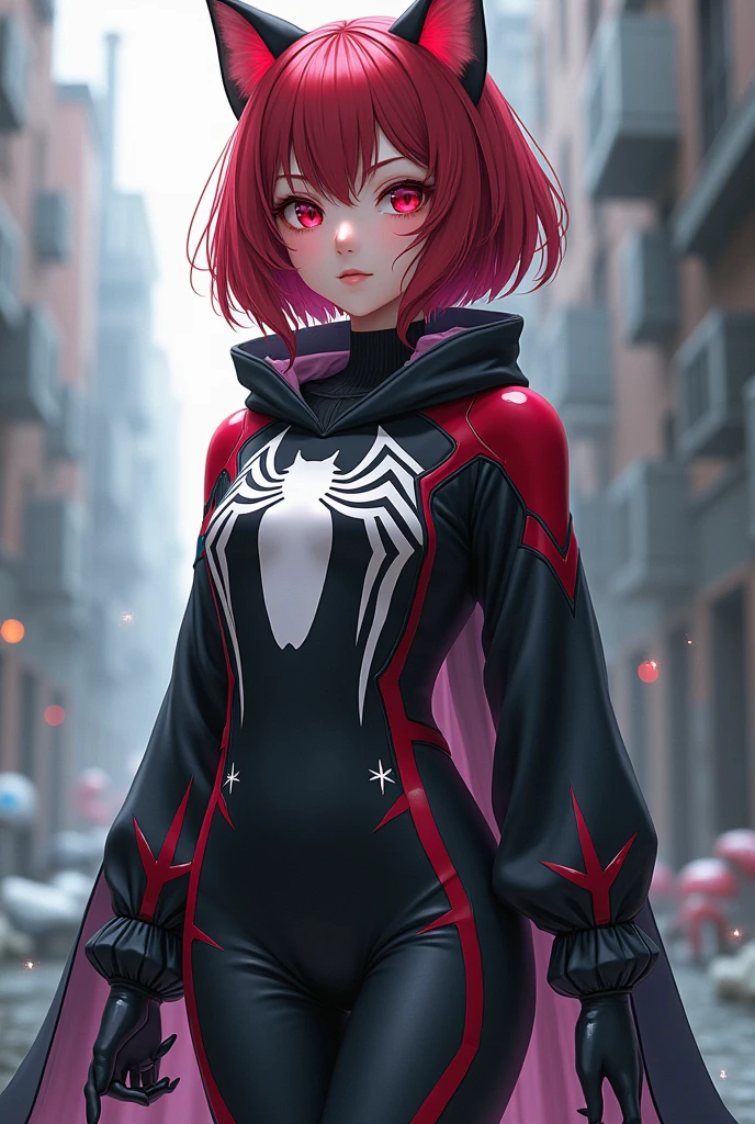 A girl with white anime-type skin, Her hair is short to her shoulders and is deep red with bangs.,He has small cat ears on his head,  He has a Spiderman suit turned into Venom, He has black pants with little white stars on them..