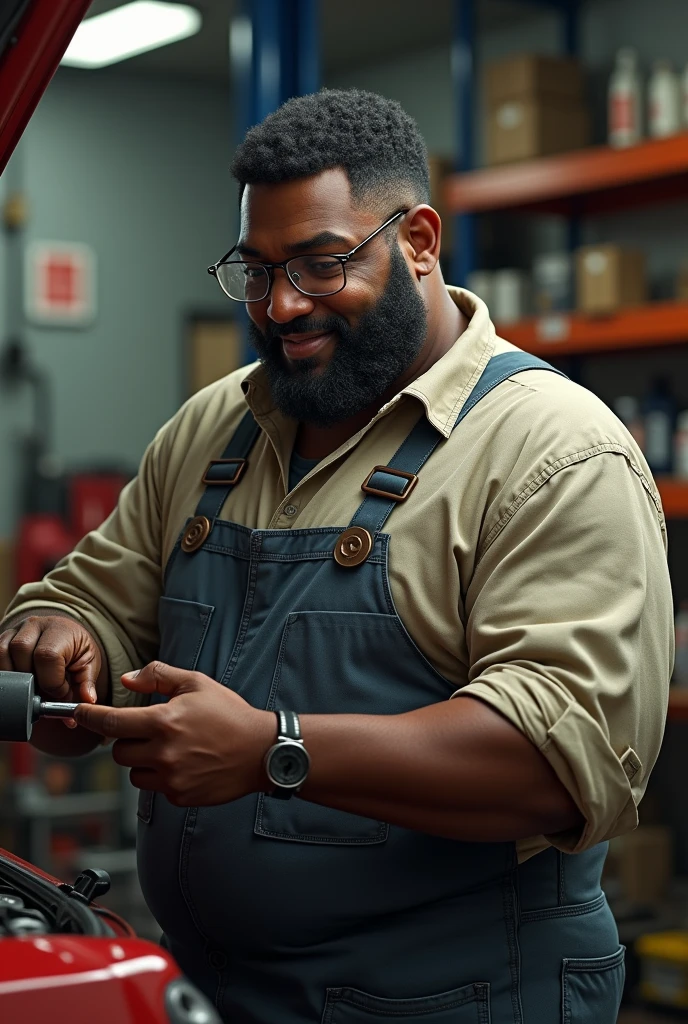 Realistic Car mechanic, a little fat Black Man With glasses