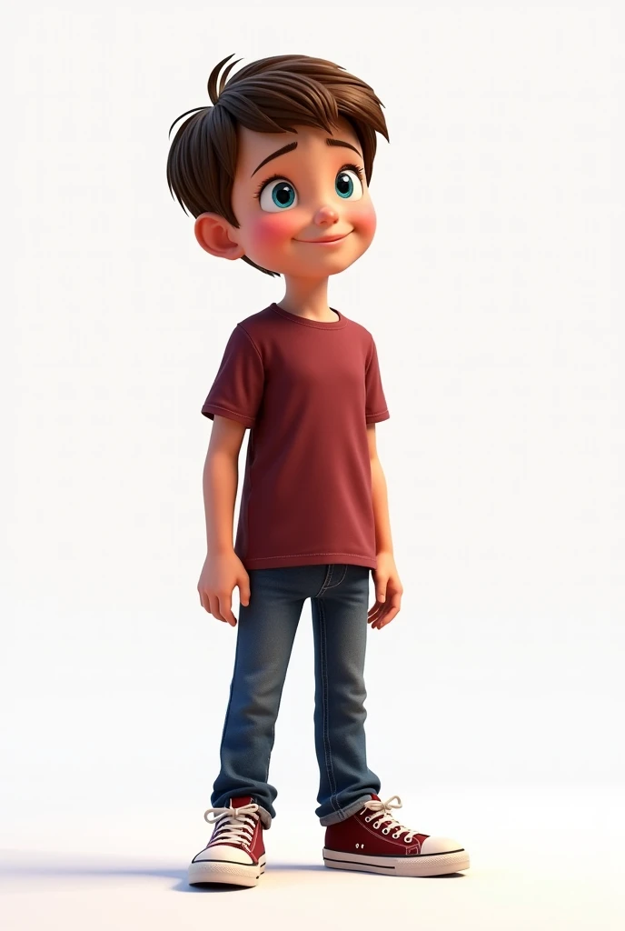 10-year-old boy Noah, with fair skin, short light brown hair. It has large, curious blue eyes. Wearing a simple maroon t-shirt, jeans and maroon all star sneakers, sitting on the floor, wide shot, front view, side view and back view white background Disney pixar style