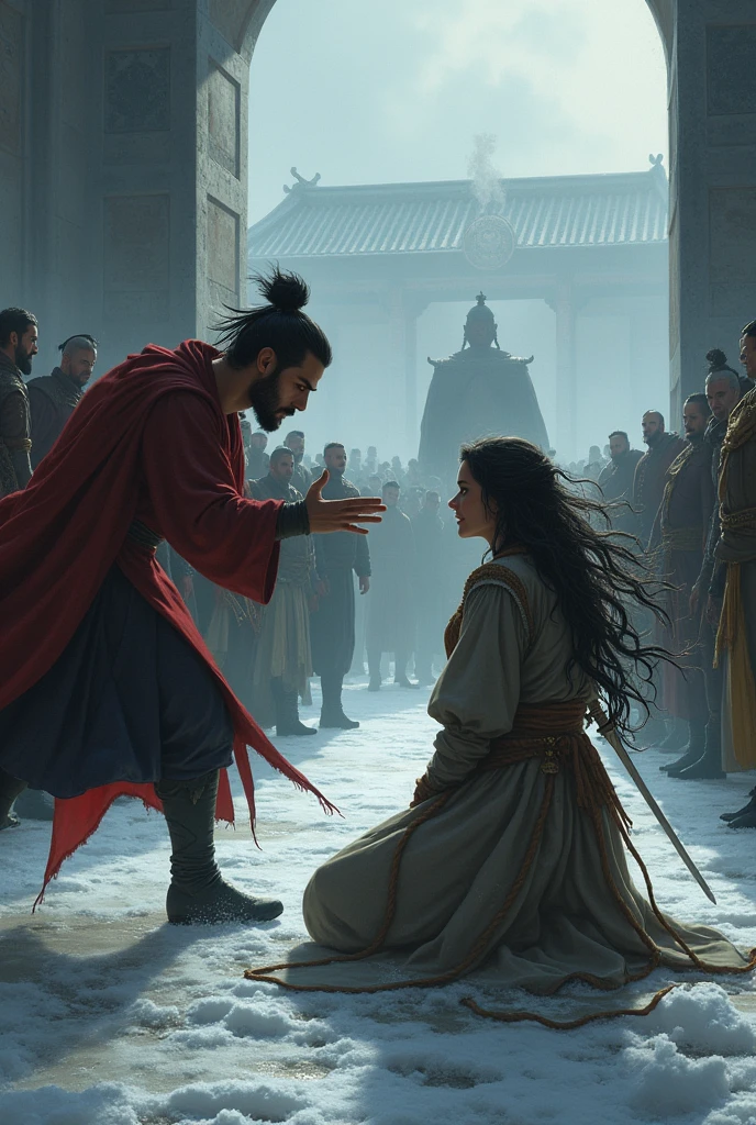 A tearful farewell between the prince and the commoner. The prince, now back from his duty, is depicted rushing into the execution ground, his face filled with desperation as he sees the commoner bound and on his knees before a block. The commoner, though terrified, looks back at the prince with a small, bittersweet smile, accepting his fate. The executioner stands ready, sword raised, while the prince reaches out in vain. The background is filled with a small, cold crowd, watching the tragic event unfold, with the emperor's figure barely visible, overseeing the scene from afar.