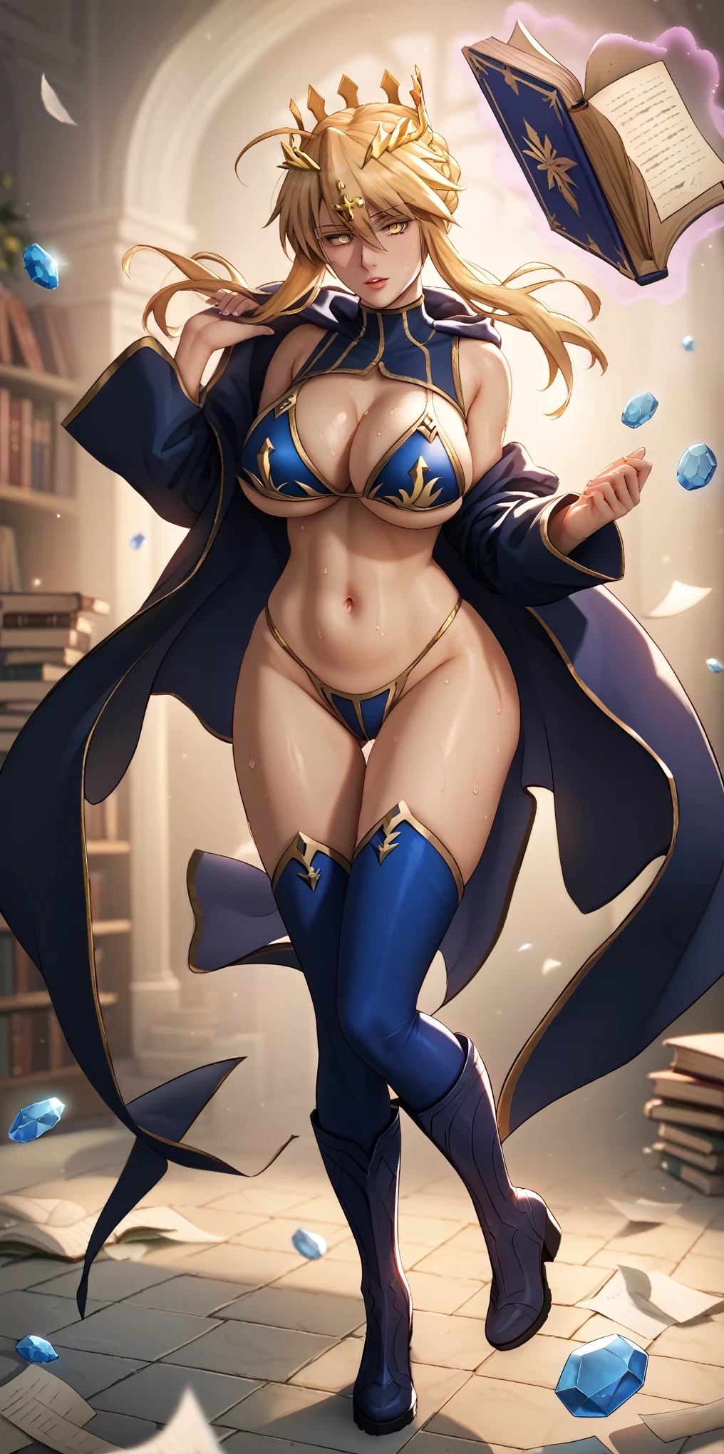 score_9, score_8_up, score_7_up, score_6_up, uncensored, score_9, score_8_up, score_7_up, score_6_up, uncensored, (24yo girl:1.1), strong milf, Artoria Pendragon Lancer, long hair, blonde hair, yellow eyes, sidelocks, single hair bun, french braid, crown, BREAK detailed eyes, (perfect hands, perfect anatomy), detailed skin texture, (blush:0.5), (goosebumps:0.5), subsurface scattering, cinematic, Sharp focus, humorous illustration, big depth of field, Masterpiece, concept art, trending on artstation, Vivid colors, Simplified style, trending on ArtStation, trending on CGSociety, Intricate, Vibrant colors, Soft Shading, Simplistic Features, Sharp Angles, Playful, excessive sweating, sweating profusely, sweating drop BREAK, large breasts, 1girl, solo, breasts, looking at viewer, full body, thighs, boots, groin, book, thigh gap, gem, floating, wide hips, open book, magic, floating object, bare hips, messy room, paper, spotlight, cropped hoodie, black bikini, long sleeves, floating book, hollow eyes,