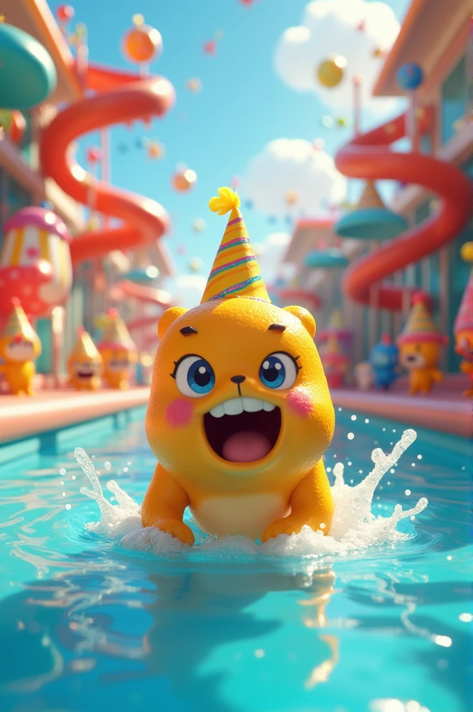 Create image of intensely 2, where the characters of the emotions appear in a pool and in the background pools and slides appear and it is on a birthday theme.