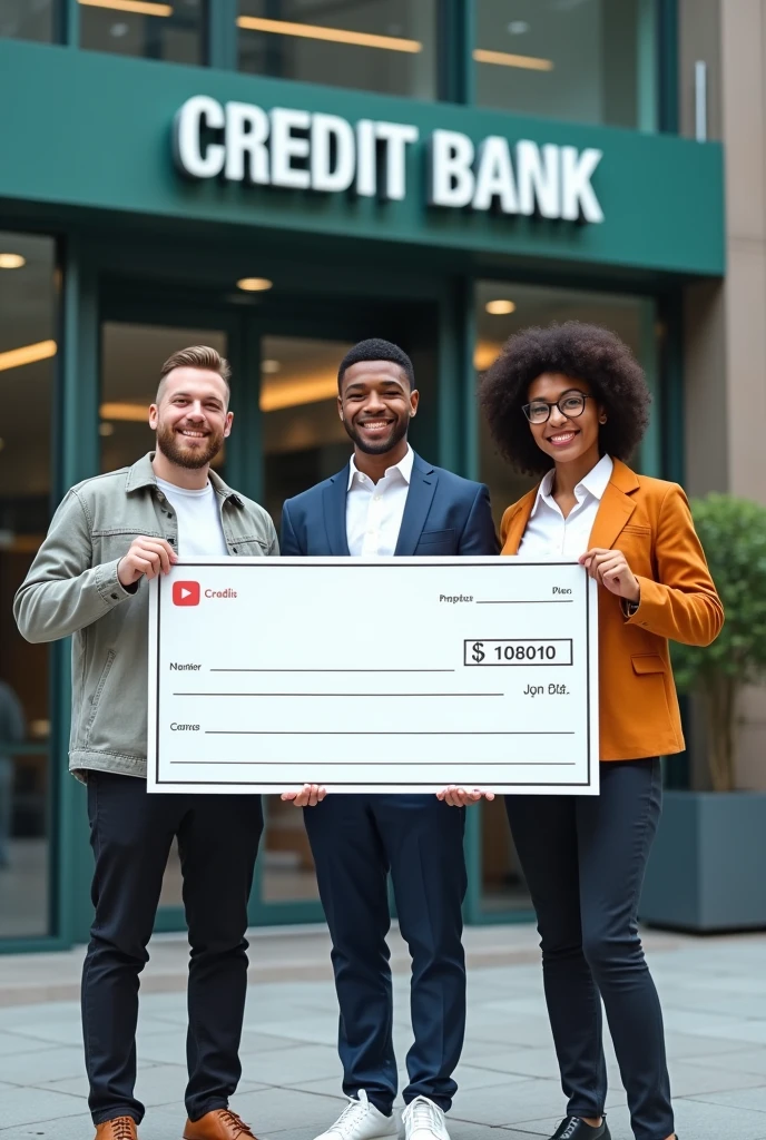 Make me a picture that represents three real people holding a blank check at a credit bank