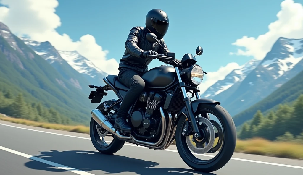 Ilustrasi anime 3D, A 20-year-old, thin, 1.80-meter-tall young man, with his black Honda CB1500cc motorcycle, wearing a complete black jacket with a sports helmet. The background shows mountains in the distance. The main character seems to be enjoying his ride.
The Honda CB1500cc motorcycle is driving slowly, the camera takes an angle from behind, showing a calm and comfortable ride.