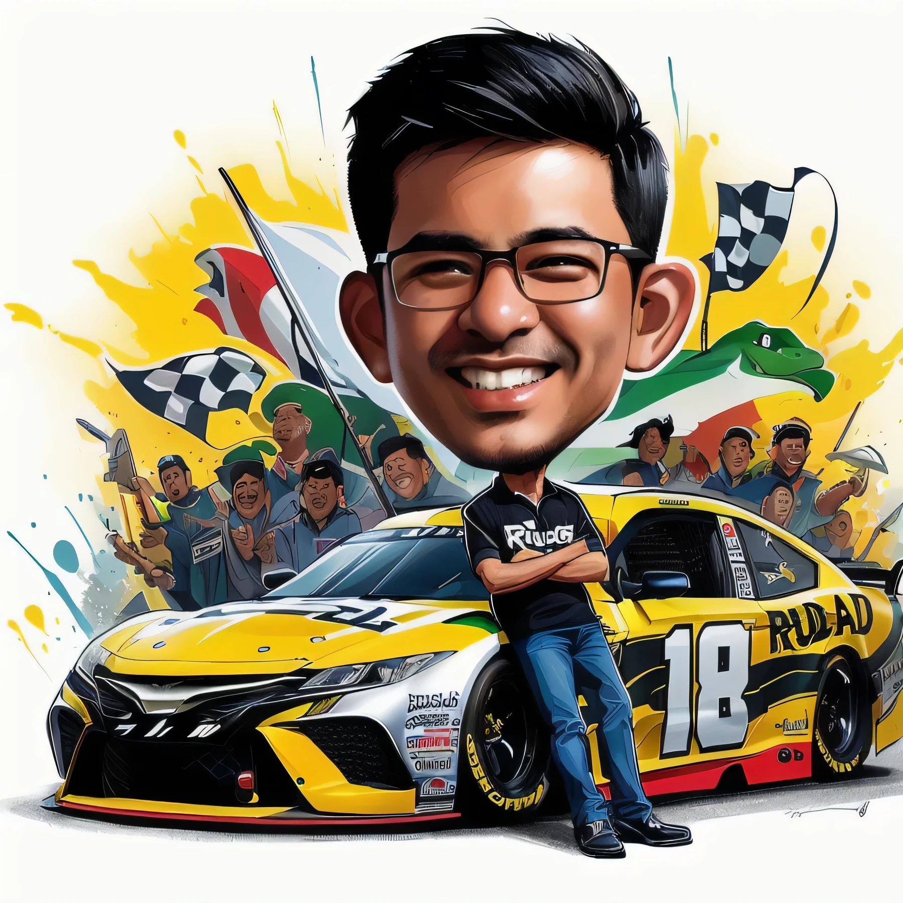 arafed image of a man holding a caricature of a racing car, caricature illustration, inspired by Rudy Siswanto, cars portraits, caricature style, official illustration, by Abidin Dino, rob rey and kentarõ miura style, rob rey and kentaro miura style, caricature, caricature!!!, cartoon portrait, charicature, cartoon style illustration