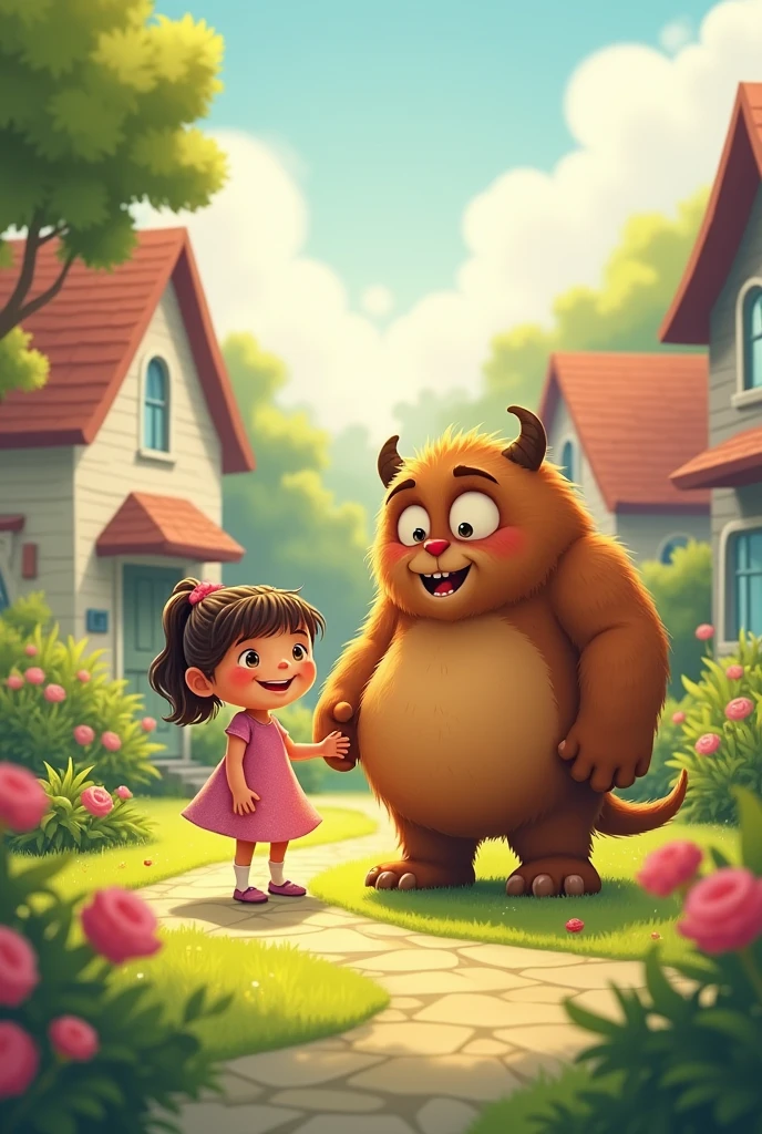Create an image for story books name is "The Friendly Monster Next Door" please make girl and monster characters