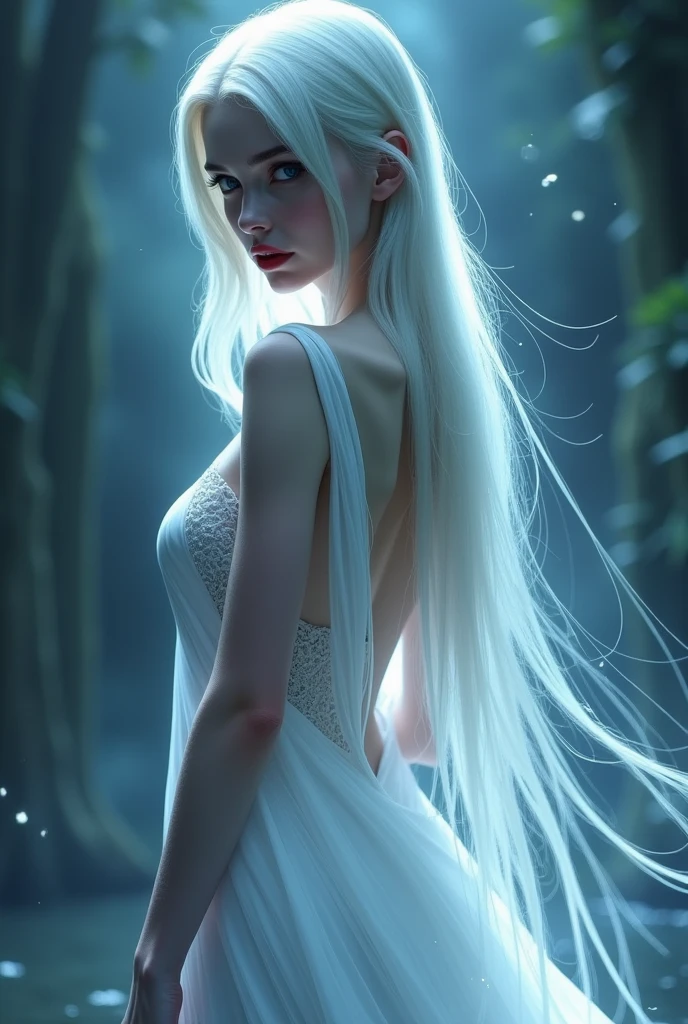a girl who has pearl white skin like vampires, divine beauty, siren eyes, blue ocean eyes, long lashes, arched eyebrows, darkened gaze, pointed nose, natural red lips, sharp jawline, long silver shiny straight hair, ethereal glowing skin, hourglass body, wearing white dress that shows skin and holds her body and curves perfectly. Dark ethereal background.