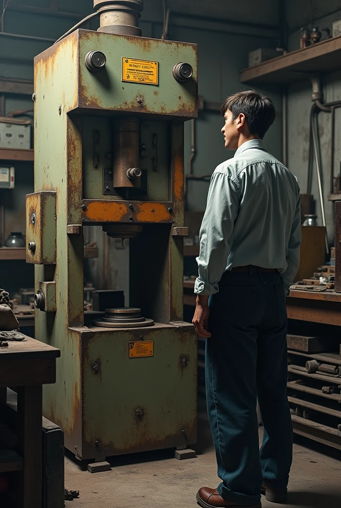 A hydraulic press from ????, Median, not very big, and a man looking at her




