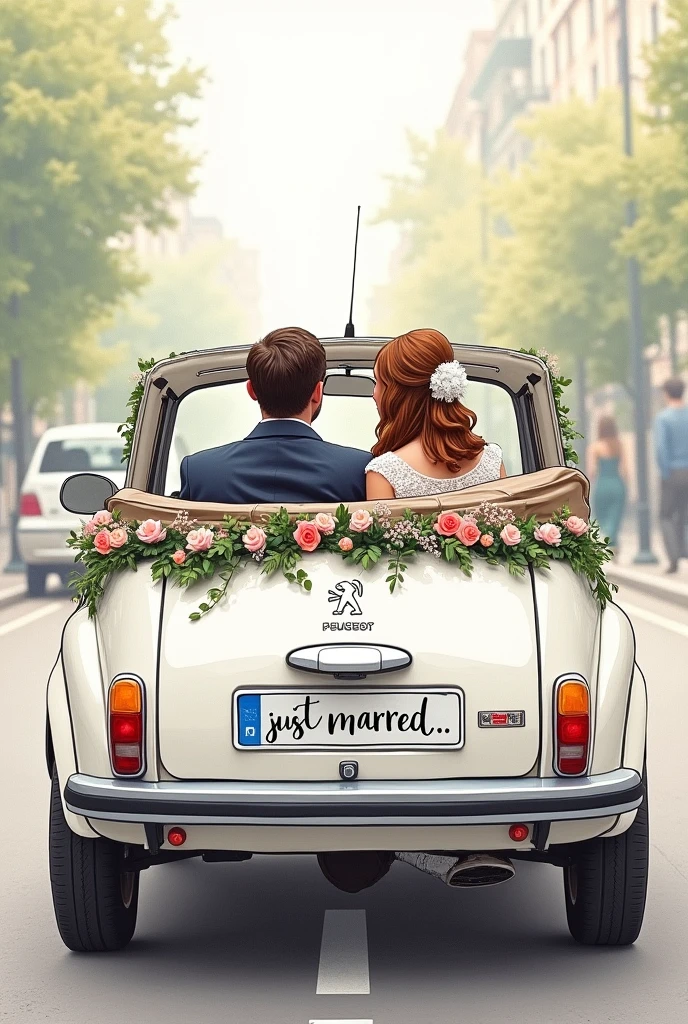 A drawn picture. Bride and groom sitting in a wedding car. Bride and groom have brown hair. You can see them through the rear window of the car. The car is a Peugeot with Peugeot logo and decorated with flowers. The license plate says “just married” You can See a bit of the street behind the car