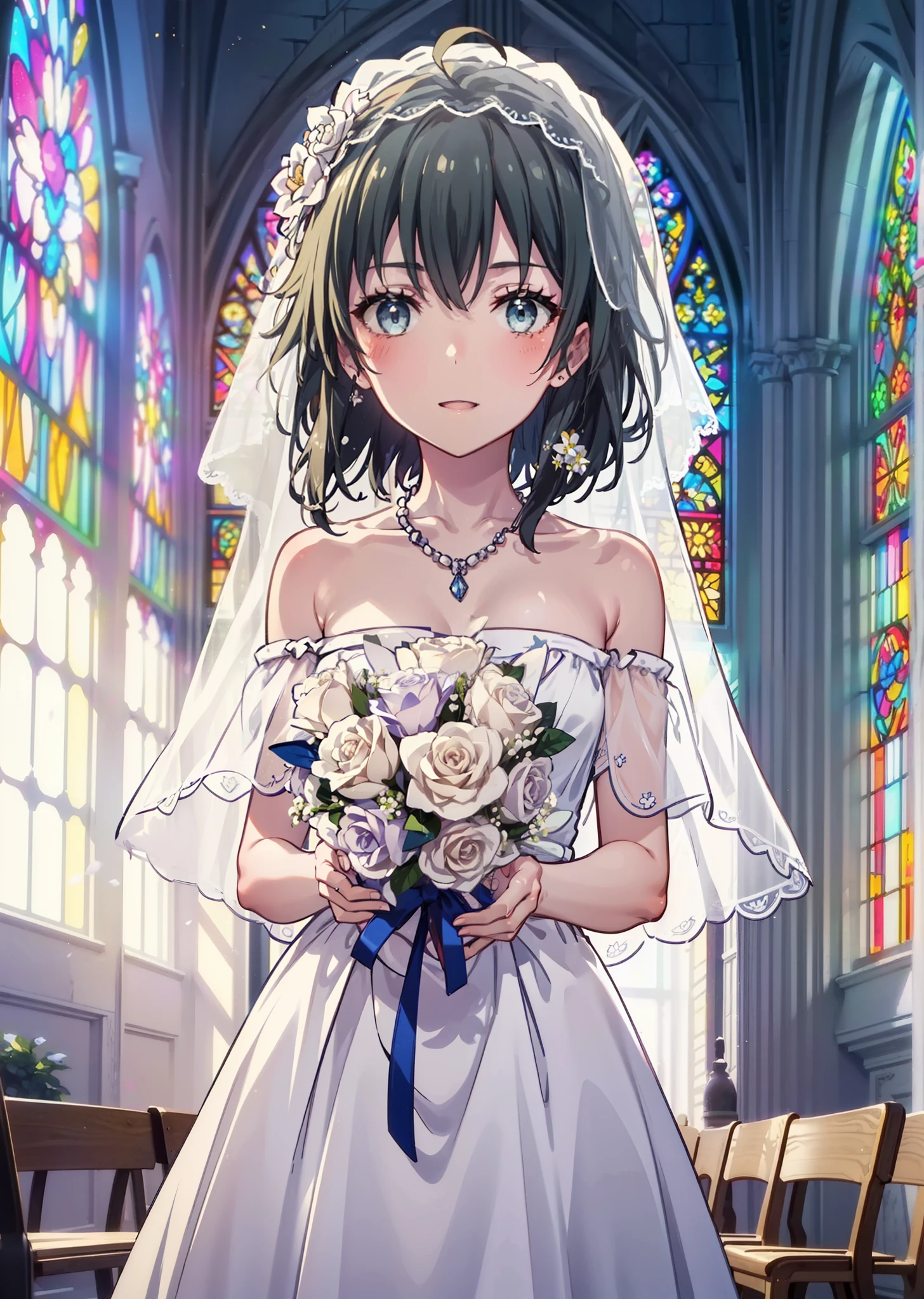 Yukino, yukino yukinoshita, Black Hair, blue eyes, semi-long,Ahoge,smile,blush,Open your mouth,off the shoulder white wedding dress,necklace,Bare shoulders,bare clavicle,Bare neck,wedding long skirt,Veil,bouquet,Holding a bouquet in both hands,Stained glass,whole bodyがイラストに入る,　　　　　　　　　　　break indoors, Chapel,Association,
break looking at viewer, whole body,(Cowboy Shot:1.5),
break (masterpiece:1.2), Highest quality, High resolution, unity 8k wallpaper, (figure:0.8), (Beautiful attention to detail:1.6), Highly detailed face, Perfect lighting, Highly detailed CG, (Perfect hands, Perfect Anatomy),