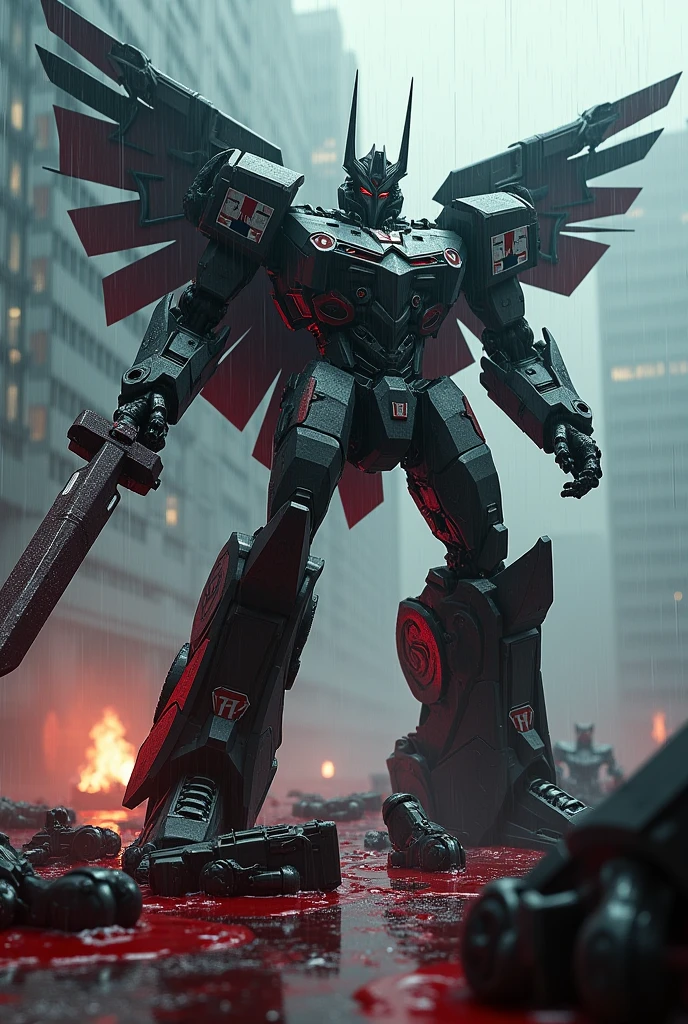 Create a 3D animated Transformers robot with demonic Nazi symbolism with epic fighting poses and add artistic sculpture poses to the scene stepping on enemies soaked in red fluid., the atmosphere is cold, It's raining and it's dark, There are background gunshots and robots fighting, the protagonist has wings, a big sword and a big futuristic gun