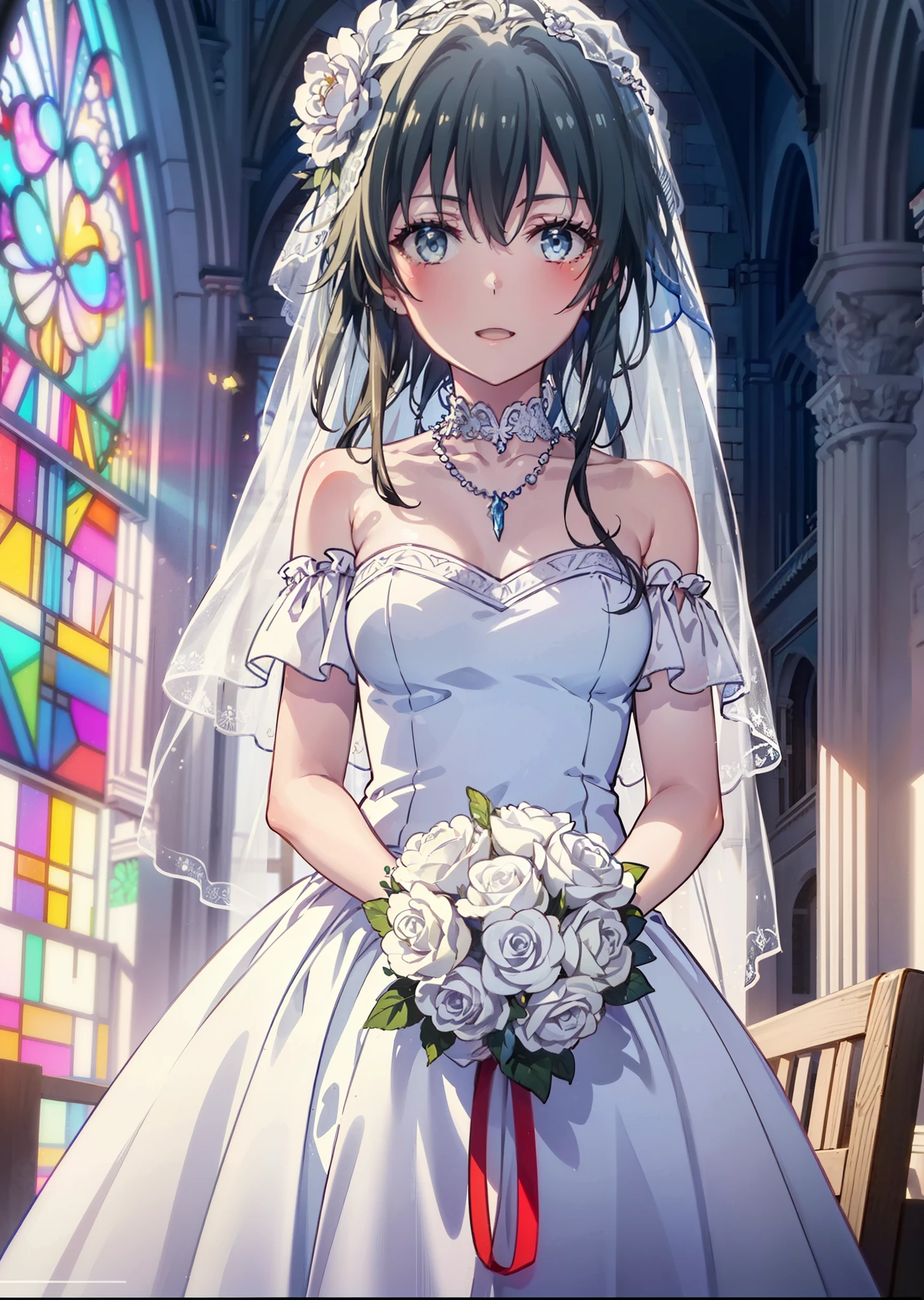 Yukino, yukino yukinoshita, Black Hair, blue eyes, semi-long,Ahoge,smile,blush,Open your mouth,off the shoulder white wedding dress,necklace,Bare shoulders,bare clavicle,Bare neck,wedding long skirt,Veil,bouquet,Holding a bouquet in both hands,Stained glass,whole bodyがイラストに入る, break indoors, Chapel,Association,
break looking at viewer, whole body,(Cowboy Shot:1.5),
break (masterpiece:1.2), Highest quality, High resolution, unity 8k wallpaper, (figure:0.8), (Beautiful attention to detail:1.6), Highly detailed face, Perfect lighting, Highly detailed CG, (Perfect hands, Perfect Anatomy),