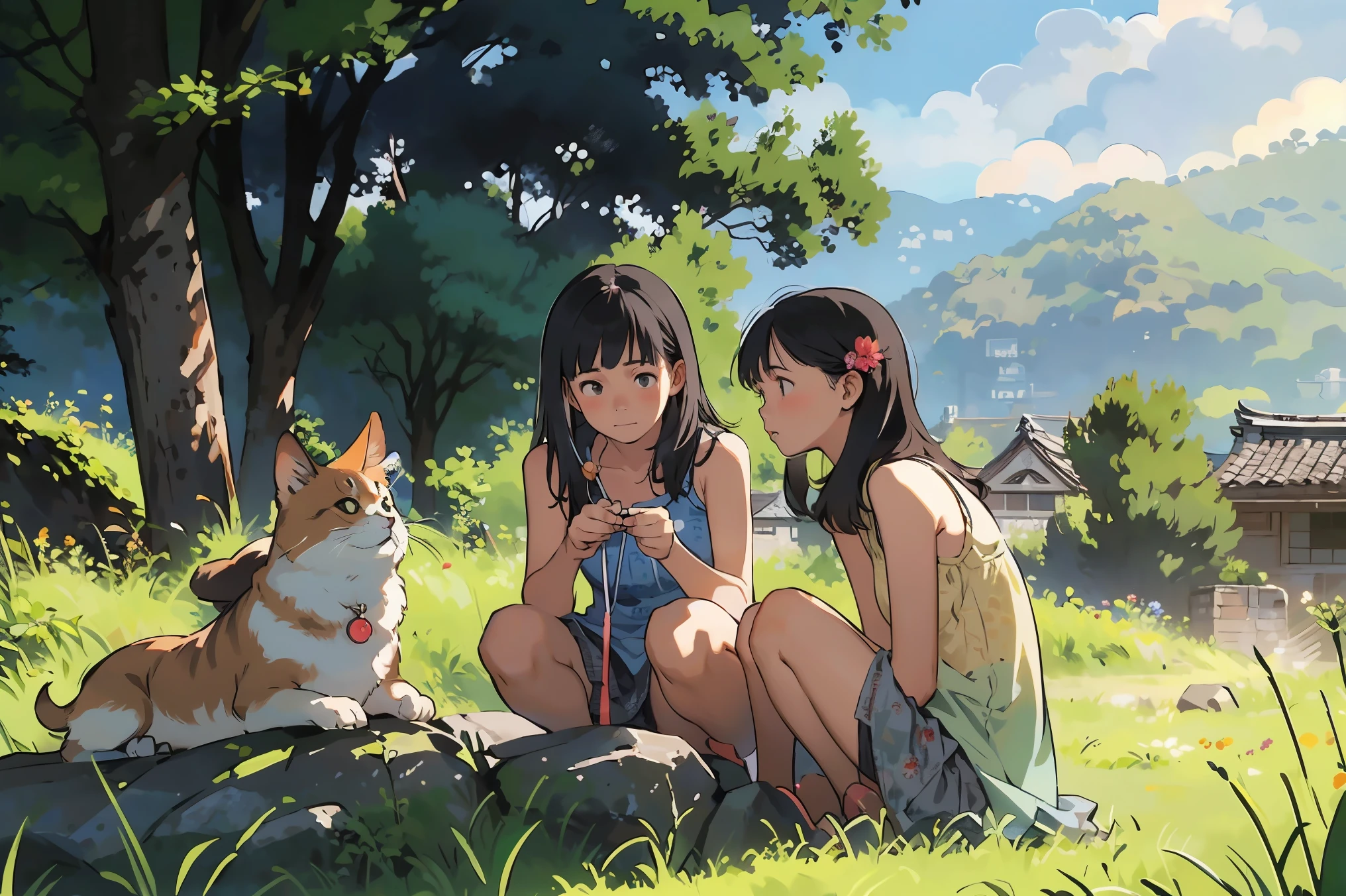 masterpiece, Highest quality,plural, Three Girls, (On top of the stone walls of a Japanese castle ruins)、Black Hair, short hair、Long Hair, Hair ties, hair band, hair ornaments, Straw hat、Shorts, skirt、dappled daylight、Outdoor, nature, wood々、 Grassland、countryside、Suburban、