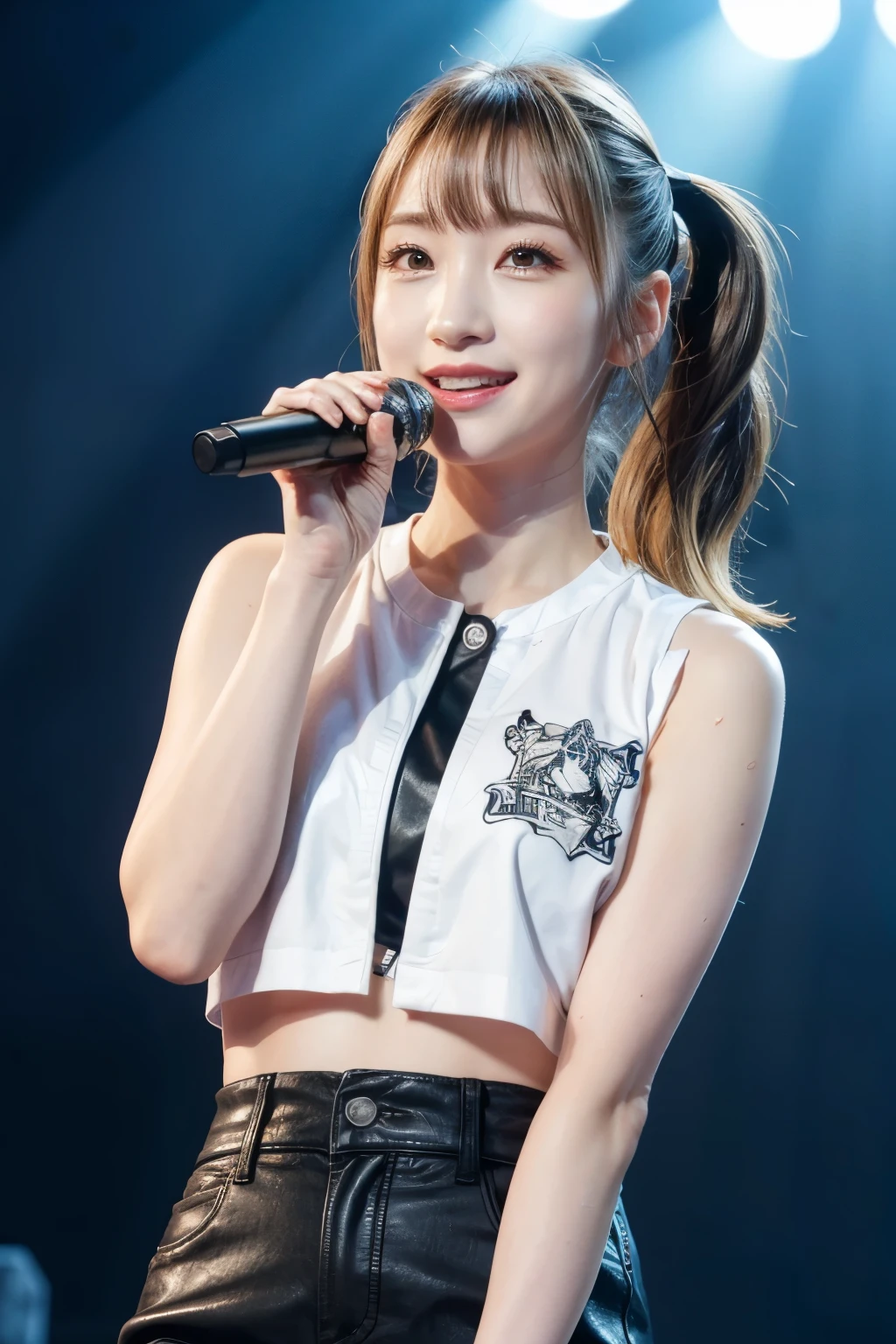 realistic, on the stage of the concert, brightly lit by spotlights on the stage, extremely bright lighting, singing, waving a hand against the audience, wearing deep pink leather jacket and leather short pants, open widely chest, toned abs, ash-yellow pigtails hairstyle, hair is blowing in the wind, hair is shaggy and dishevelled, beautiful white-colored translucent skin, sweat splashes, slendar figure, short satue, heavy and vivid makeup, kawaii makeup, shaped nose, smooth shaped jawline, glossy face, heavy flushed cheeks, big smile, a little adult-like charm, close up shot