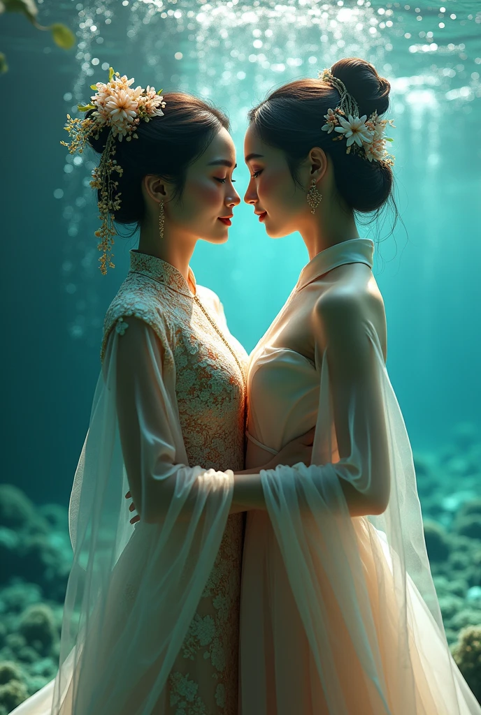 Pure Vietnamese Yuri 16+
The Third Lady and a Young Girl The setting is under the sea Adding to the illusion Wearing traditional Vietnamese costumes Two women next to each other 
