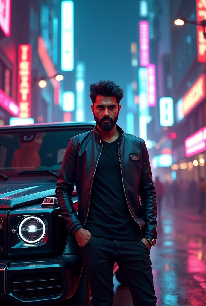 Thalapathy Vijay in neon city with G wagon car

