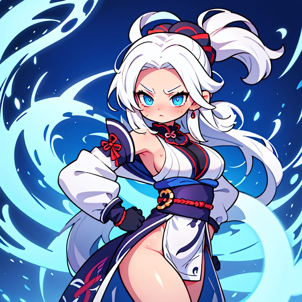 Kizi,super huge breasts, White hair,blue colored eyes,looking coldly,long hair, body curves,ultra detali, dramatic lighting,swirly vibrant colors,cinematic, Shogun raider, sweaty armpits, shining skin