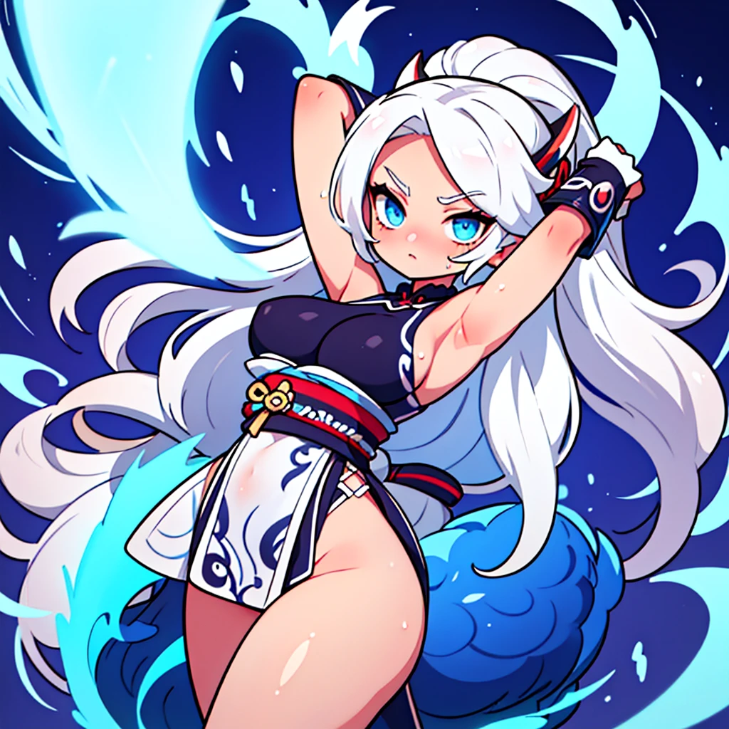 Kizi,super huge breasts, White hair,blue colored eyes,looking coldly,long hair, body curves,ultra detali, dramatic lighting,swirly vibrant colors,cinematic, Shogun raider, sweaty armpits, shining skin