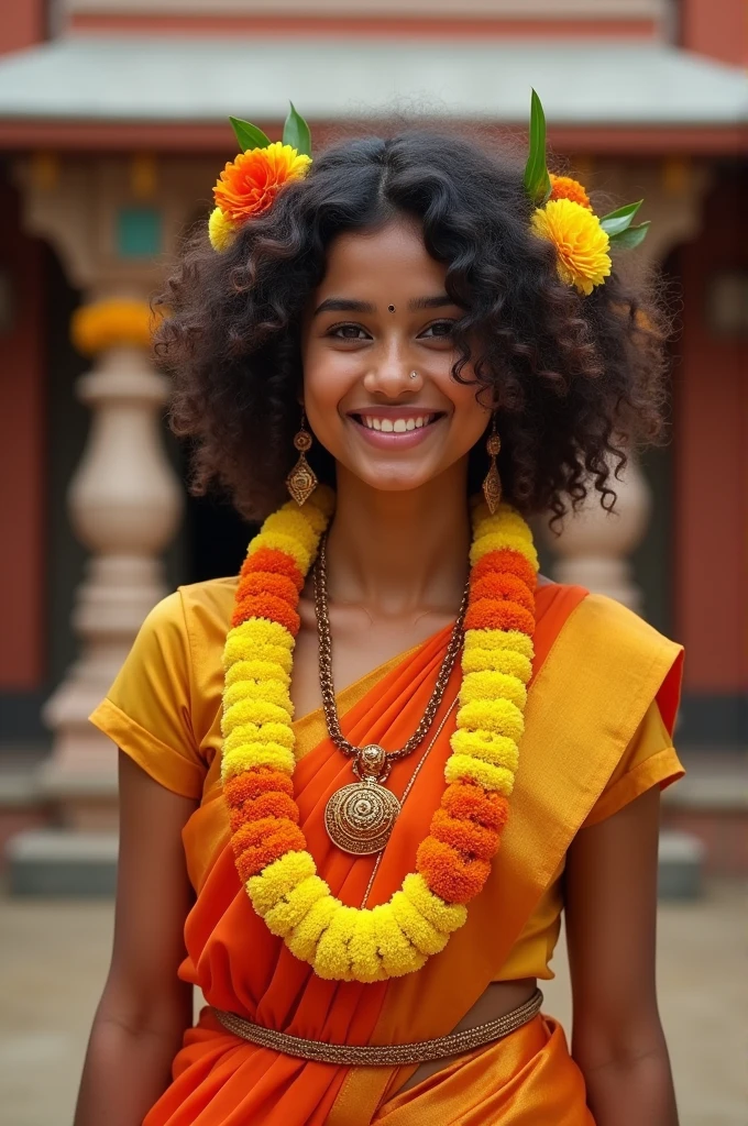 curly short hair cute pretty young Indian devotee smile wearing yelow and orange flowers garlend fair skinned wear gold orange yelow blouse and skirt kovil background