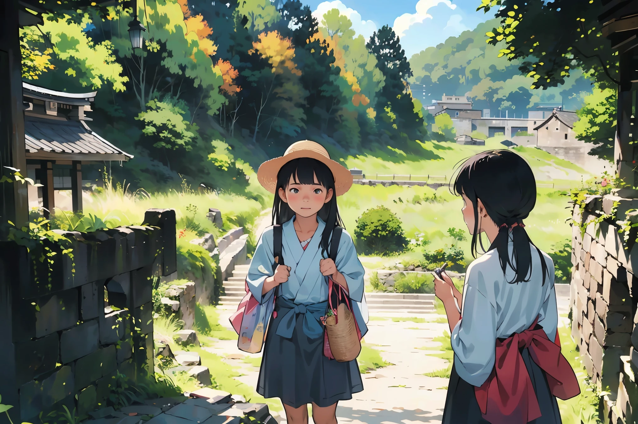 masterpiece, Highest quality,plural, Three Girls, (On top of the stone walls of a Japanese castle ruins:1.2)、Black Hair, short hair、Long Hair, Hair ties, hair band, hair ornaments, Straw hat、Shorts, skirt、dappled daylight、Outdoor, nature, wood々、 Grassland、countryside、Suburban、