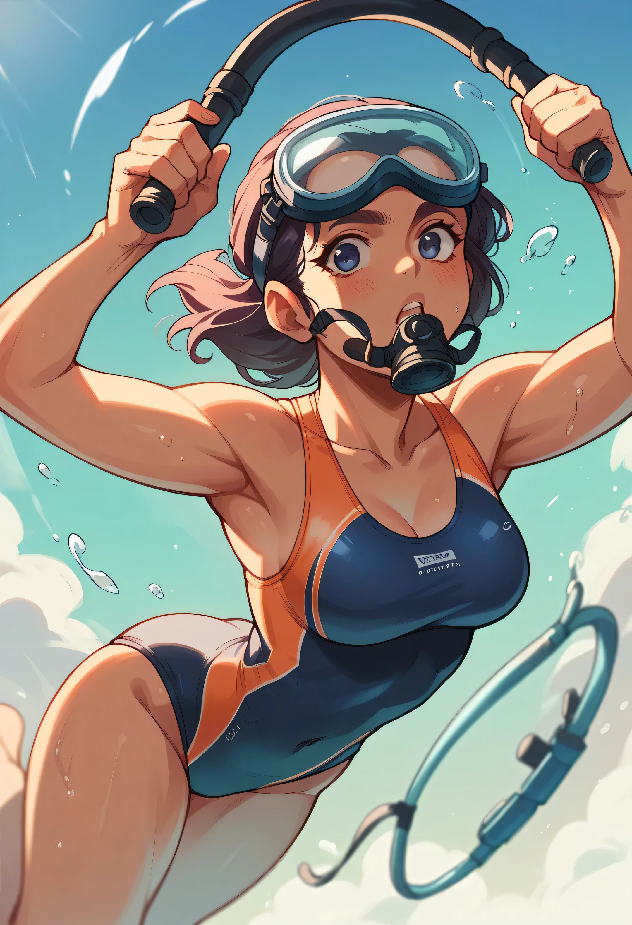 Arabian girl with a diving mask, diving goggles and swimsuits, dives into the depths