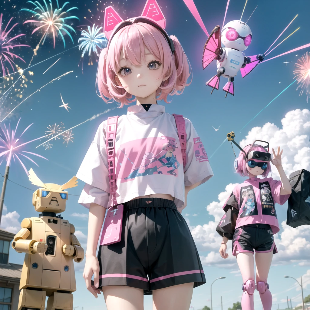 Pink haired elementary school student、vr goggles、Aurora、Humanoid Robot、Summer vacation、homework、hot summer、Drone in the sky、firework、future、2050、Afutureの世界、cyber-、Robot Dog、robot bird、Robot Cicada、Short sleeve shorts、Cool-looking outfit